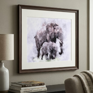 Female African Elephant with Calf Watercolor Photo Print