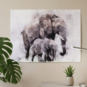 Female African Elephant with Calf Watercolor Poster