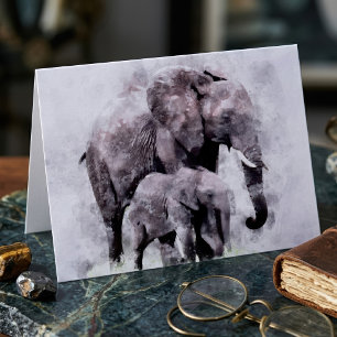 Female African Elephant with Calf Watercolor Thank You Card