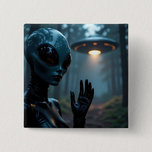 Female Alien Extraterrestrial and UFO 2 Inch Square Button (Front)
