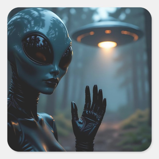 Female Alien Extraterrestrial and UFO Square Sticker (Front)