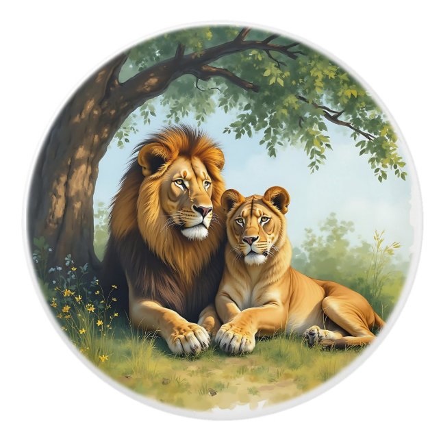 Female and Male Lions under a Tree Ceramic Knob (Front)