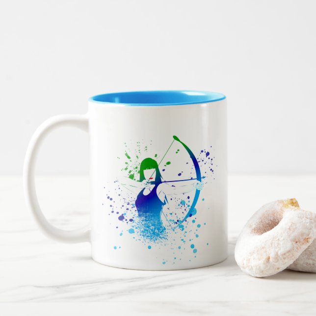 Female Archer Paint Splash Two-Tone Coffee Mug (With Donut)