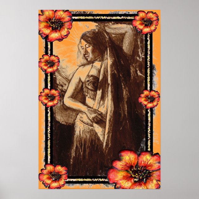 Female Belly Dancer with Red Flowers Poster (Front)