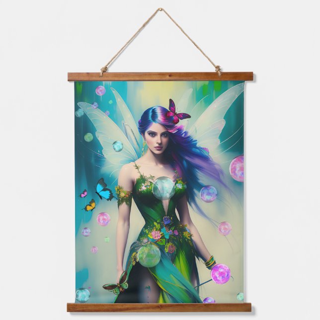 Female Blue Hair Fairy Portrait in Green Dress Hanging Tapestry (Front)