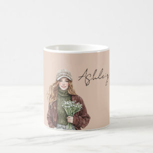 Female Burgundy Jacket Flowers Coffee Mug