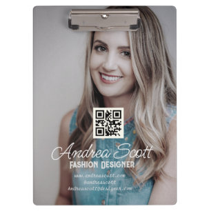 Female business boss add photo name q r code text clipboard