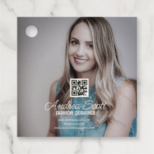 Female business boss add photo name q r code text favour tags