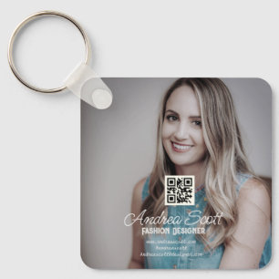 Female business boss add photo name q r code text keychain