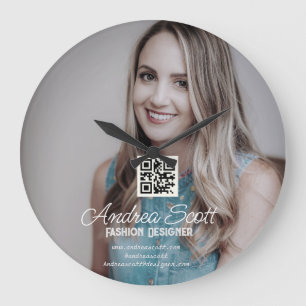 Female business boss add photo name q r code text large clock