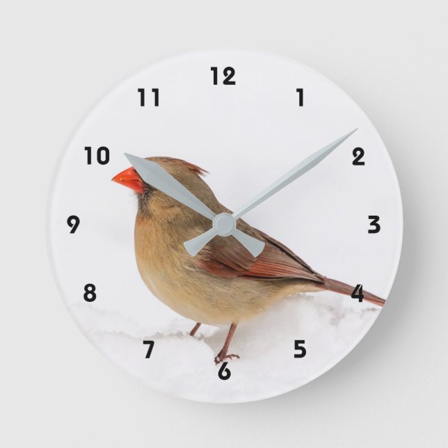 Female Cardinal in the snow Round Clock (Front)
