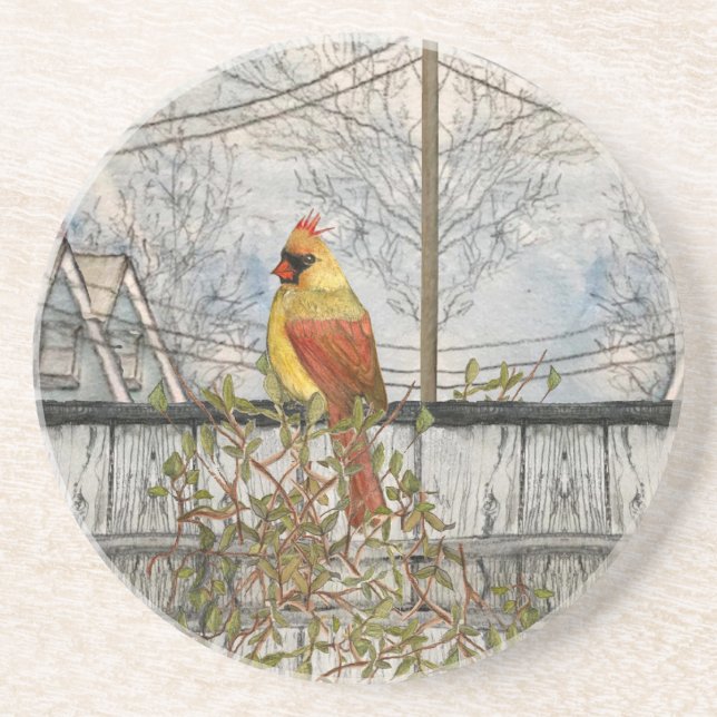 Female Cardinal Sandstone Coaster (Front)