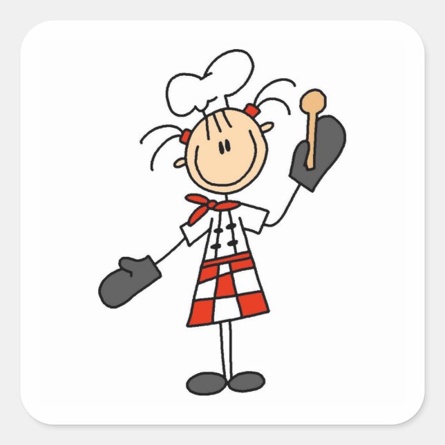 Female Chef With Mitts and Wooden Spoon Square Sticker (Front)