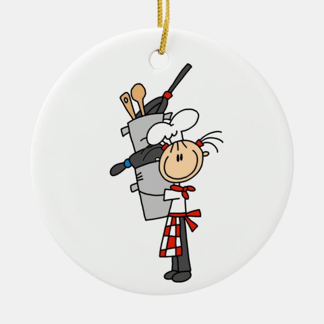Female Chef With Pots and Pans Ceramic Ornament (Front)