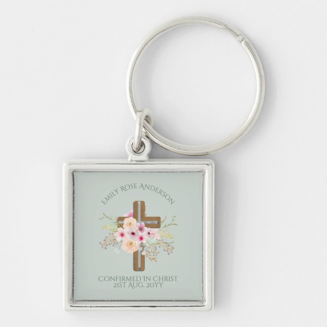Female Confirmation Gift Floral Cross Personalized Keychain (Front)