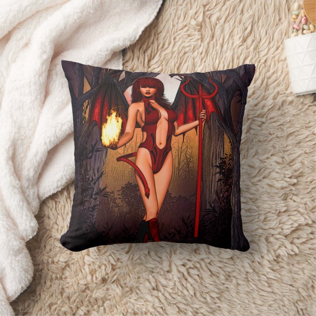 Female Devil In Red Throw Pillow (Blanket)