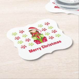 Female Elf w Candies Merry Christmas Custom Text Paper Coaster