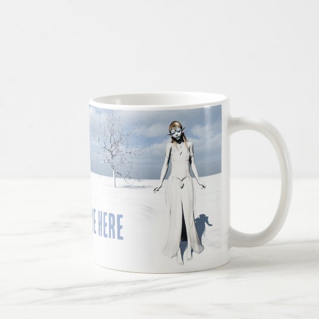 Female elf walking in the snow. Customizable text Coffee Mug (Right)