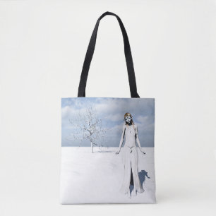 Female elf walking in the snow  tote bag