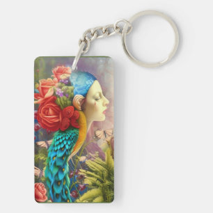 Female face with floral n peacock feathers   keychain