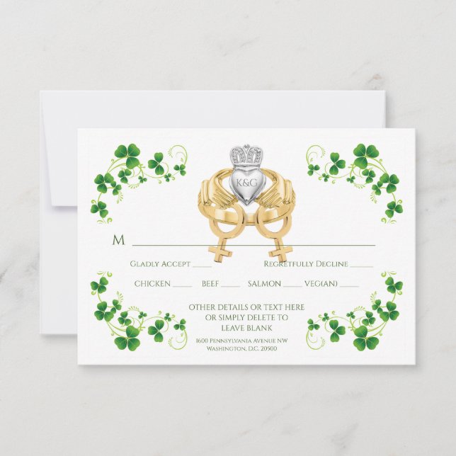 Female Female Irish Claddagh Ring and Shamrocks RSVP Card (Front)