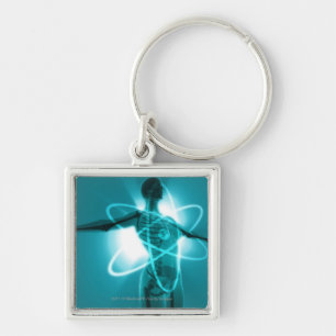 Female figure with an overlay of an atomic symbol keychain