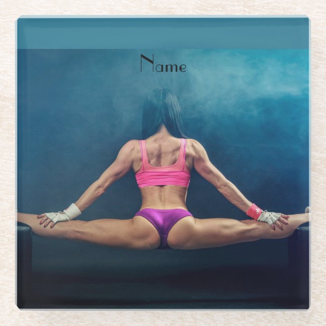 Female Fitness Model Split Thunder_Cove Glass Coaster (Front)
