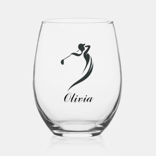 Female Golfer Personalized Stemless Wine Glass