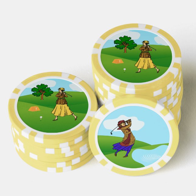 Female Golfers: 1 Preparing to Tee Off & 1 Driving Poker Chips (Stack)