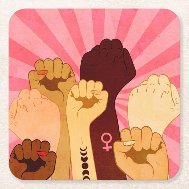Female hands with fist raised up square paper coaster (Front)