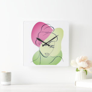 Female Head-Face Portrait Lineart Square Wall Clock