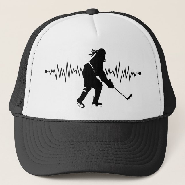 female hockey player heartbeat trucker hat (Front)