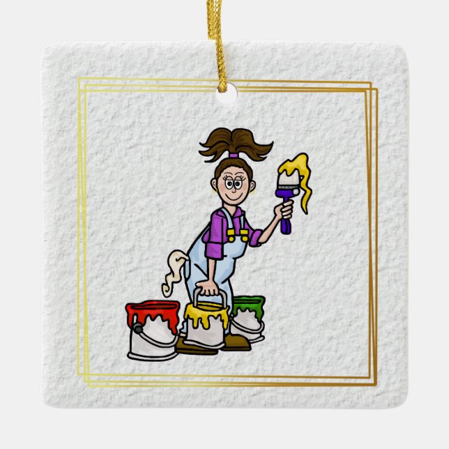 Female House Painter with 3 Paint Cans Ornament (Front)