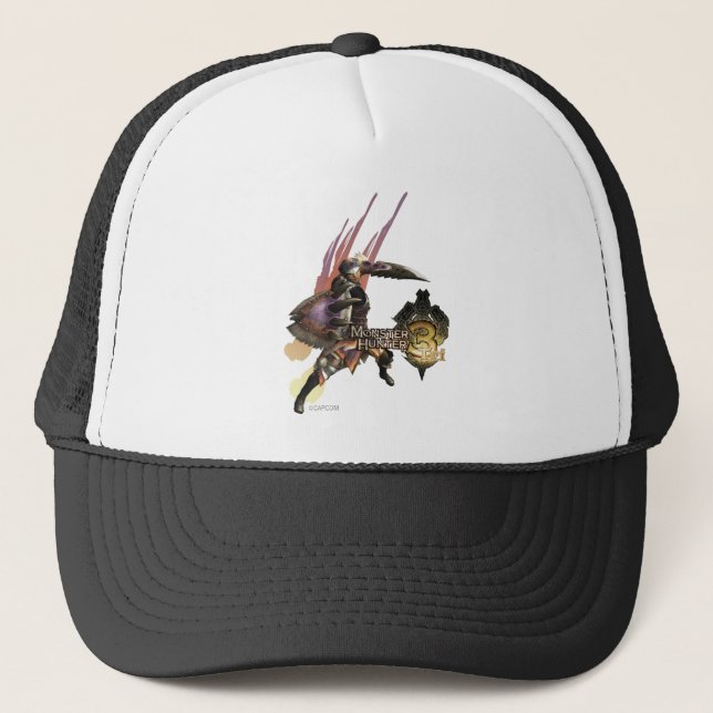 Female Hunter with Sword and Shield, Jaggi Armour Trucker Hat (Front)