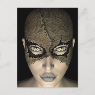 female in stitched sack mask postcard