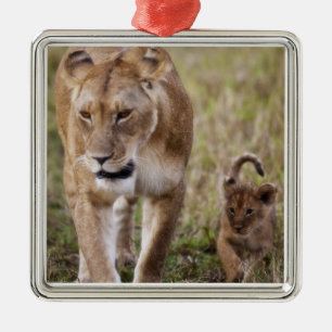 Female Lion with Cub Metal Ornament