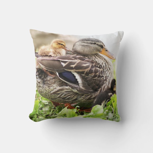 Female Mallard Surrounded By Ducklings Throw Pillow (Front)