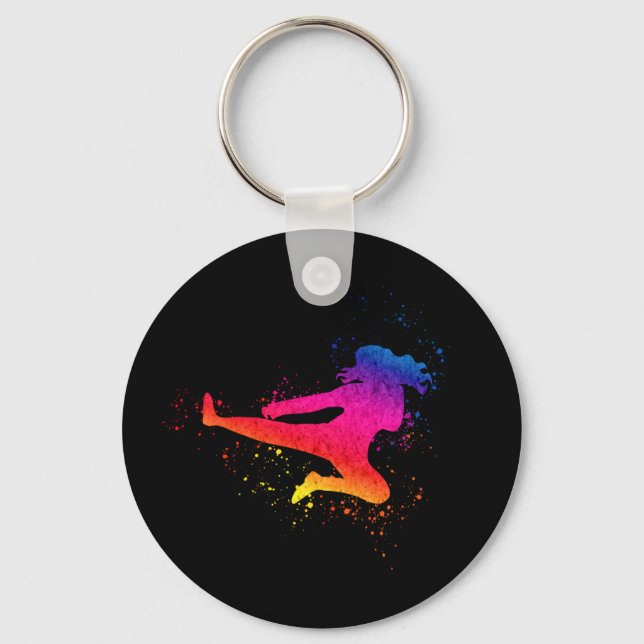 Female Martial Arts, High Kick, Paint Splash Keychain (Front)