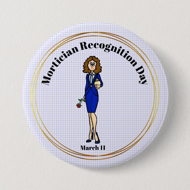 Female Mortician Holding Urn Button (Front)