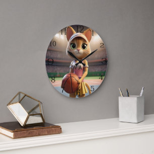 Female Netball Cat, Large Clock