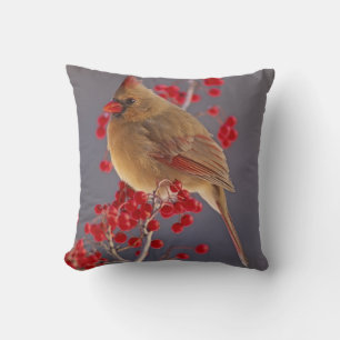 Female Northern Cardinal among hawthorn Throw Pillow
