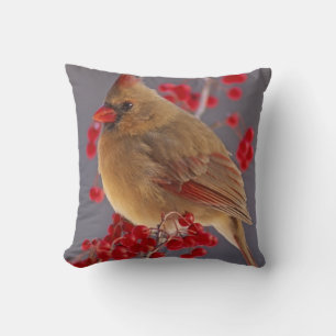 Female Northern Cardinal among hawthorn Throw Pillow
