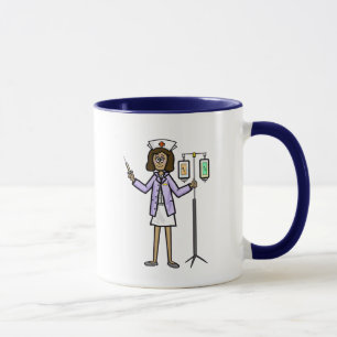 Female Nurse with IV Bags and Syringe Mug