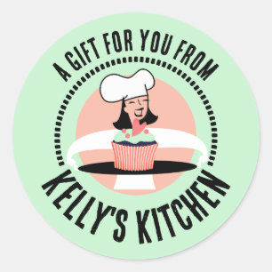 Female pastry chef frosted cake gift tag stickers