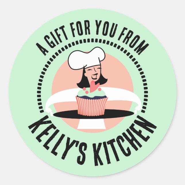 Female pastry chef frosted cake gift tag stickers (Front)