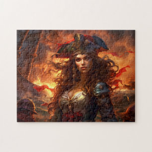 Female Pirate Before Burning Ship Fantasy Painting Jigsaw Puzzle