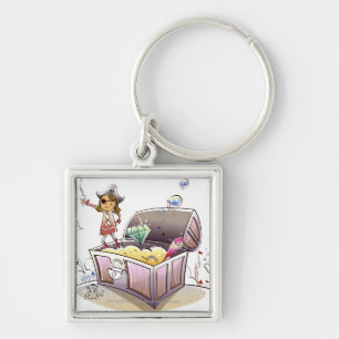 Female pirate standing on a treasure chest keychain