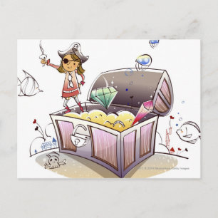 Female pirate standing on a treasure chest postcard