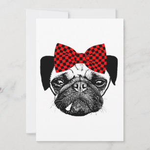 Female Pug Dog Wearing Chequered Bow pet art Holiday Card