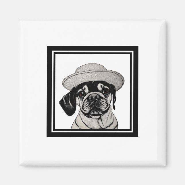 Female Pug Wearing a Coat and Hat in Frame Magnet (Front)